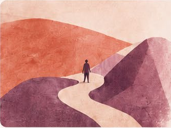 Watercolor artwork of a path leading through mountains