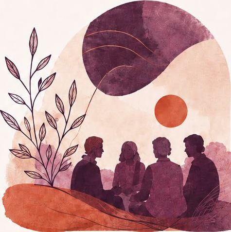 Watercolor artwork depicting people sitting in a circle under foliage